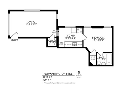 A black and white image of a floor plan for an apartment at 1030 Washington Street.